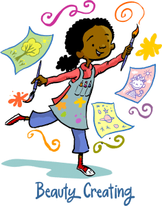 Art illustration for a girl engaged and excited about art, she has a paintbrush in each hand as she draws swirls around the graphic