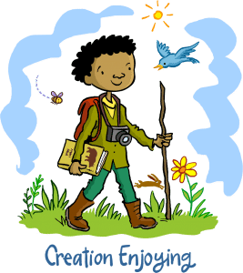 A graphic of a young explorer walking through a grassy area holding a walking stick and carrying a backpack and book for exploration