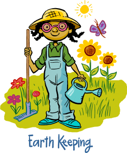 A child is doing some gardening in this illustrative graphic where flowers are popping up and a butterfly flies around