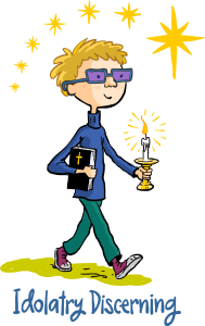 A boy holding a bible and candle with stars floating around him