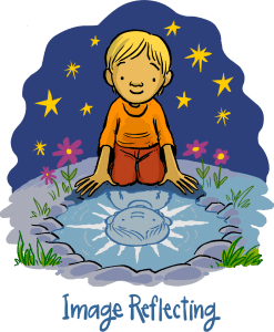 A child looking at their reflection in a pool of water with the night sky behind them