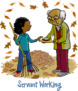 Servant Working Graphic An older man serves a younger child lunch and she finishes raking leaves